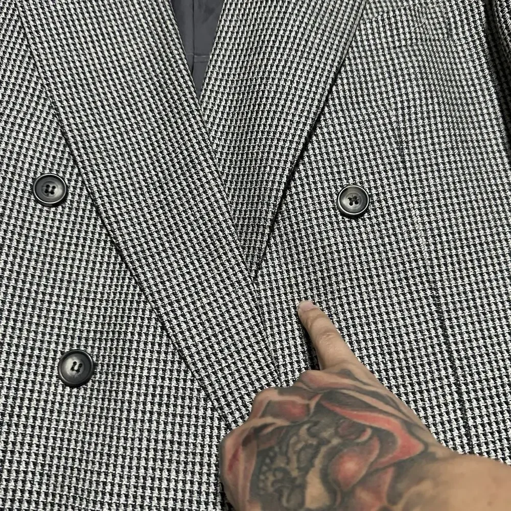 Vintage Vito Rufolo Houndstooth Blazer Mens 46L Grey Lanificio Di Pray Wool Silk